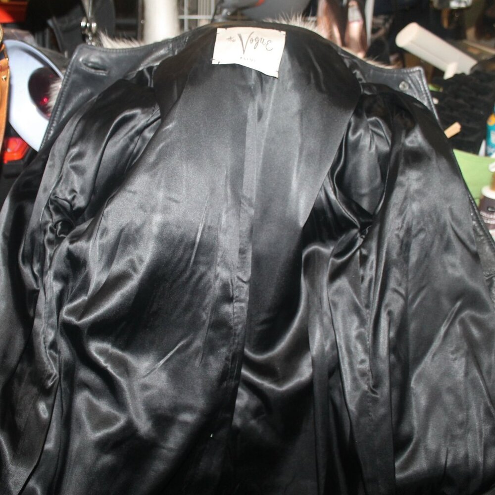 Rare Vintage 70's The Vogue Belted Black Leather & Fox Fur Jacket Coat Trench M - Picture 5 of 10